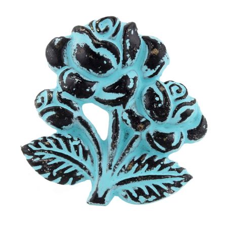 Turquoise Rose With Branch Distressed Iron Dresser Knob